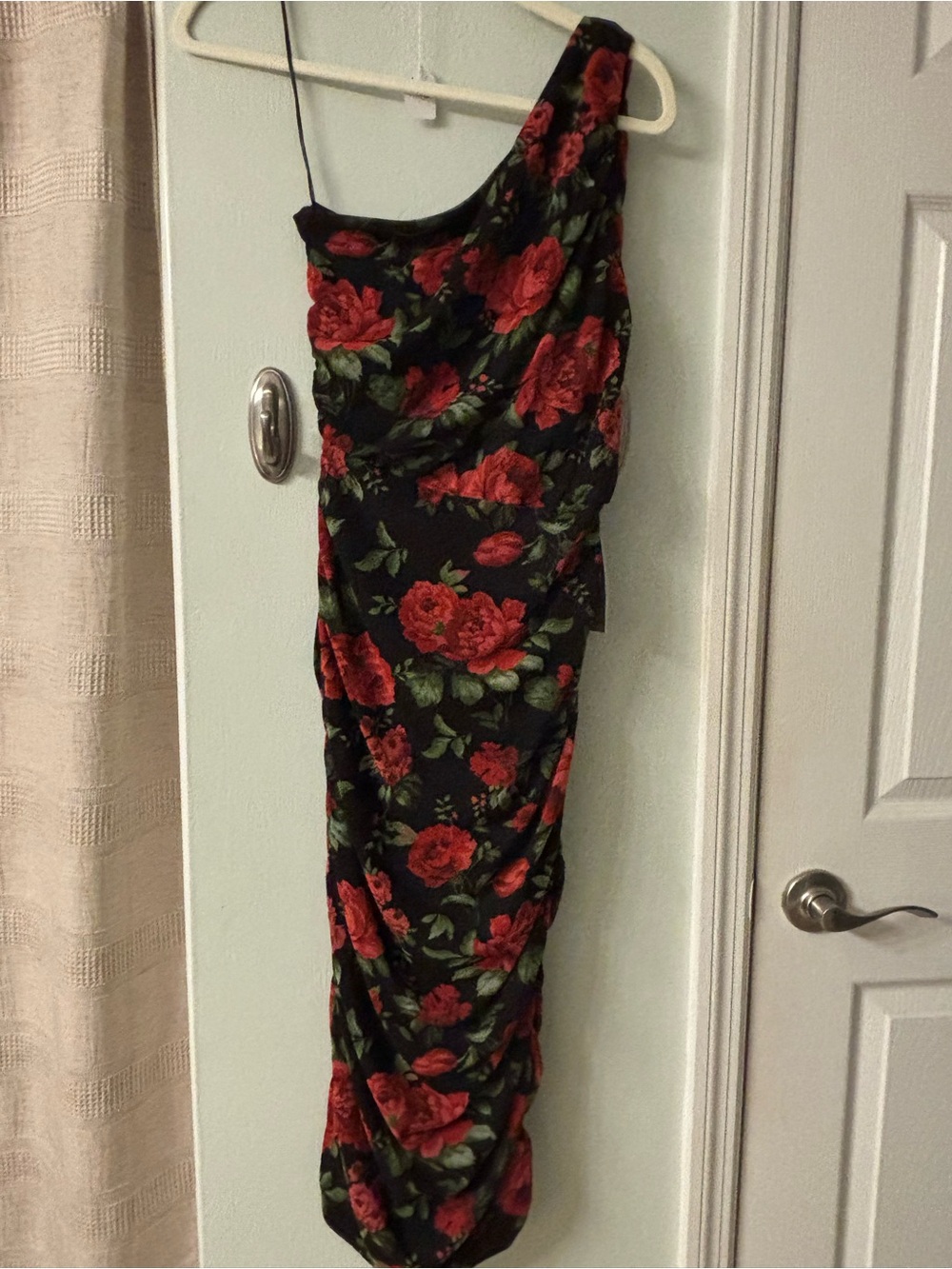 Nordstrom Black One-Shoulder Dress with Red Floral Print